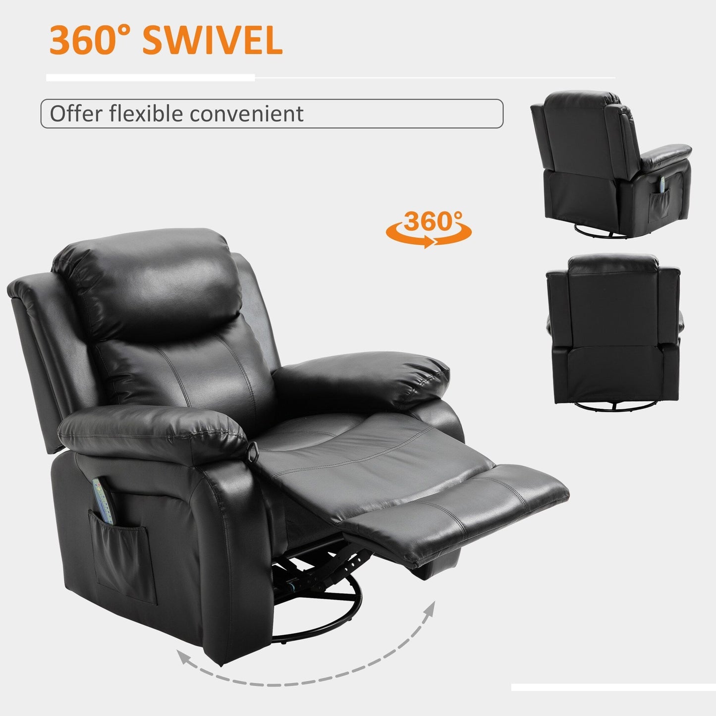 Fauteuil inclinable massant en similicuir HOMCOM, canapé à bascule pivotant avec télécommande, repose-pieds et assise rembourrée pour salon
