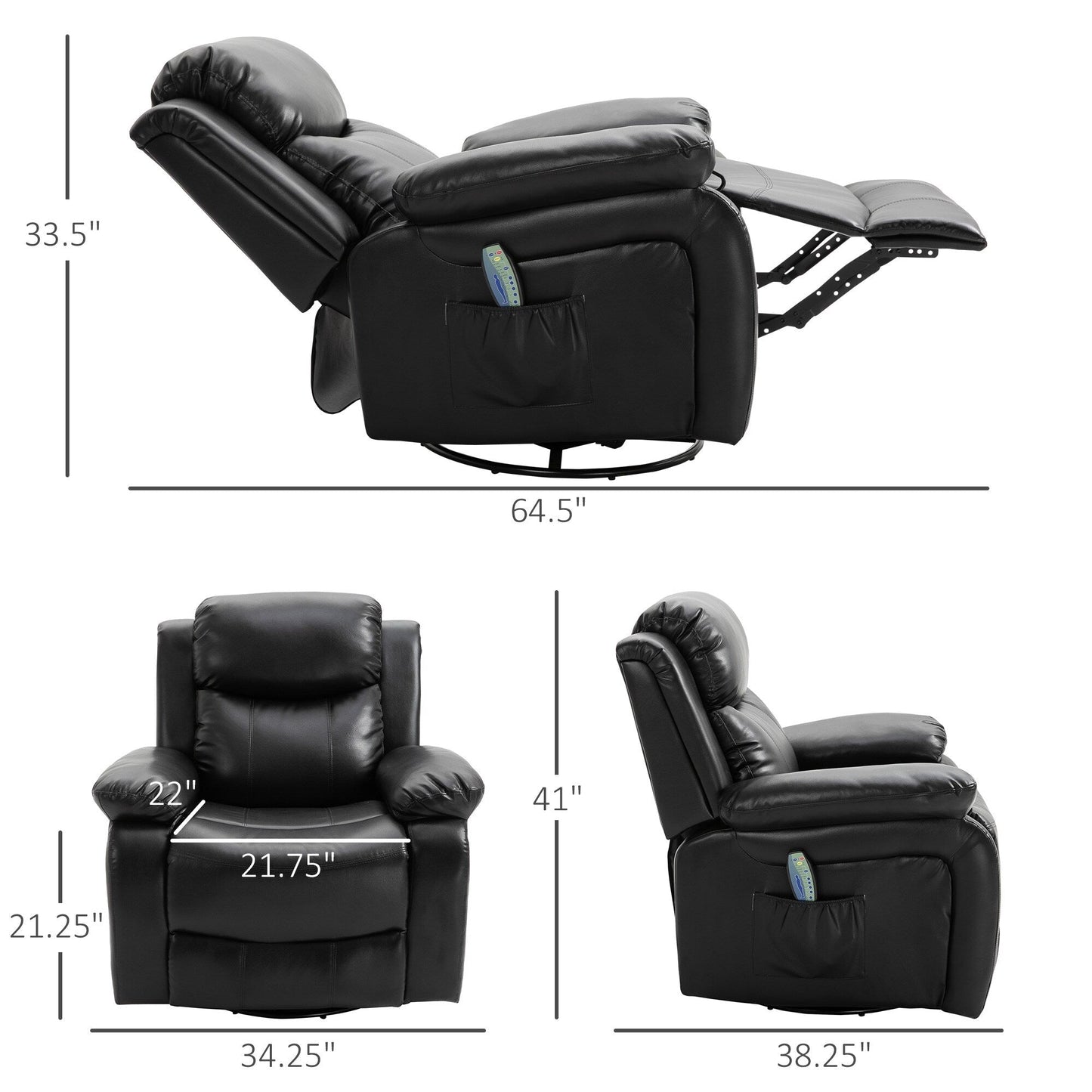 Fauteuil inclinable massant en similicuir HOMCOM, canapé à bascule pivotant avec télécommande, repose-pieds et assise rembourrée pour salon