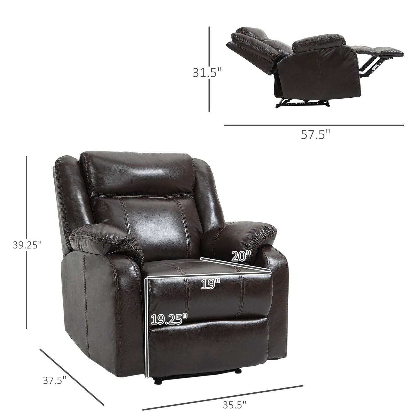 Canapé inclinable manuel rembourré en cuir synthétique HOMCOM avec repose-pieds pour salon