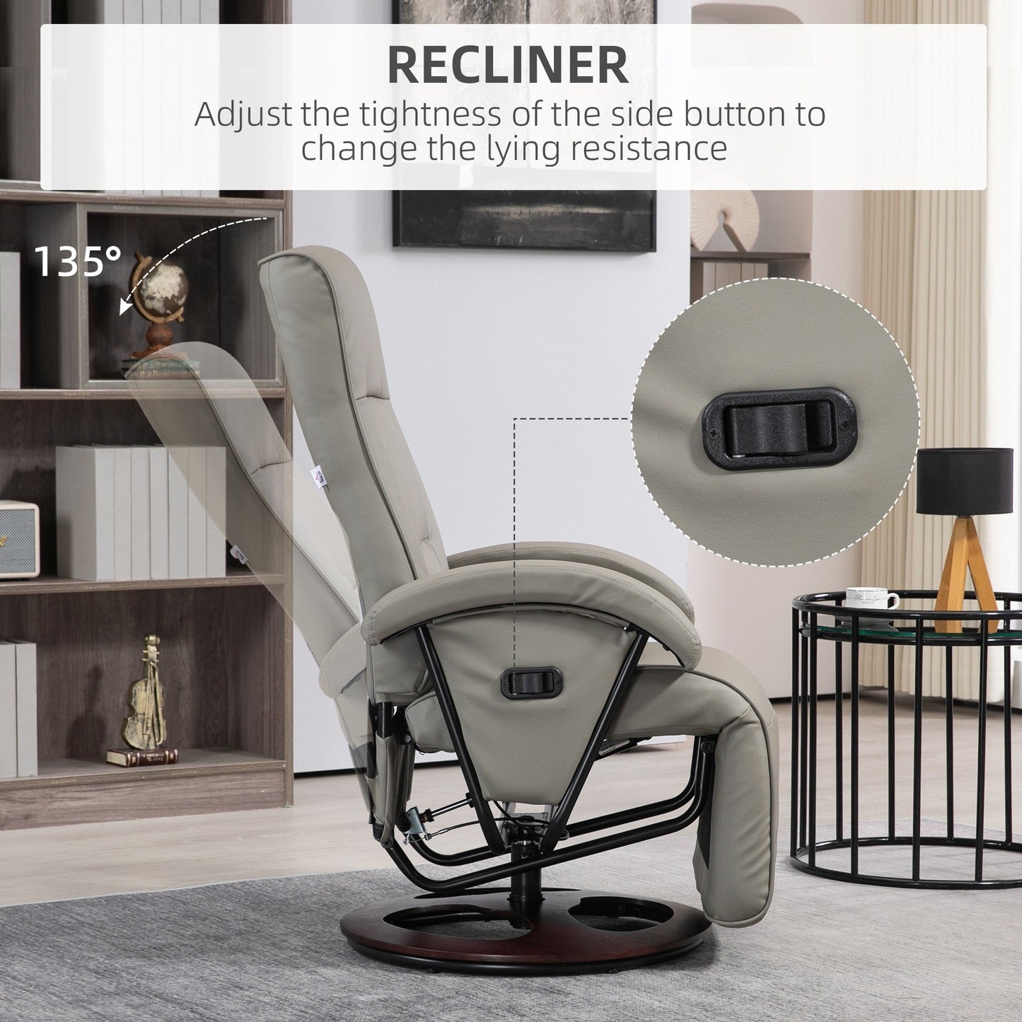 Fauteuil inclinable HOMCOM en polyuréthane avec repose-pieds, chaise longue avec dossier réglable à 135°, base pivotante en bois