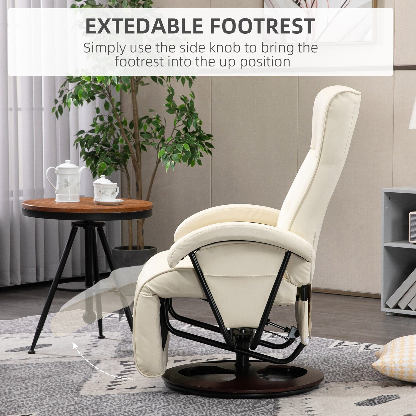 Fauteuil inclinable HOMCOM en polyuréthane avec repose-pieds, chaise longue avec dossier réglable à 135°, base pivotante en bois
