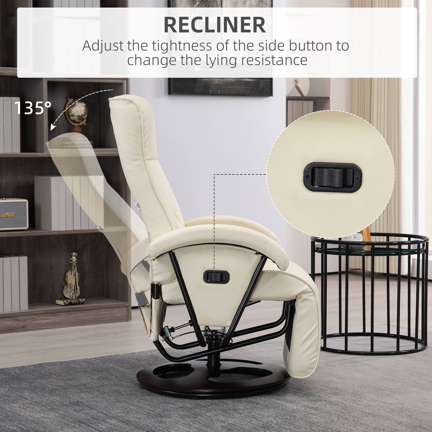 Fauteuil inclinable HOMCOM en polyuréthane avec repose-pieds, chaise longue avec dossier réglable à 135°, base pivotante en bois