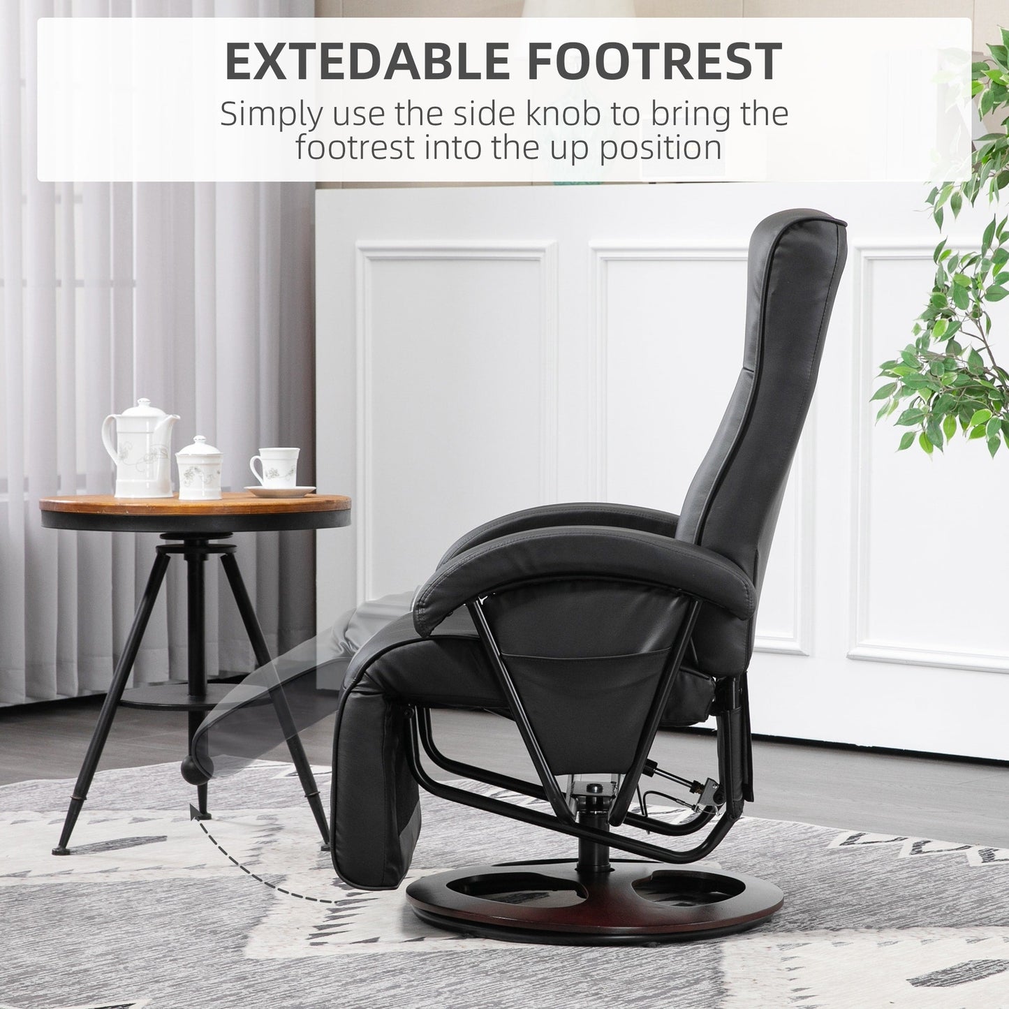 Fauteuil inclinable HOMCOM en polyuréthane avec repose-pieds, chaise longue avec dossier réglable à 135°, base pivotante en bois