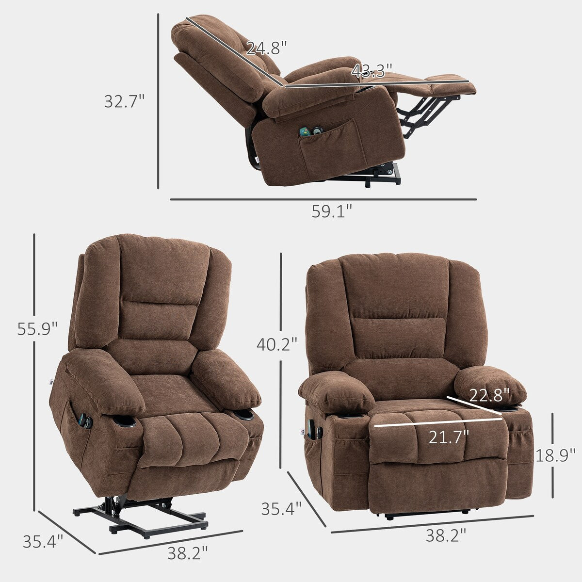 Fauteuil releveur électrique HOMCOM avec massage par vibrations et chaleur, fauteuil releveur en tissu pour personnes âgées