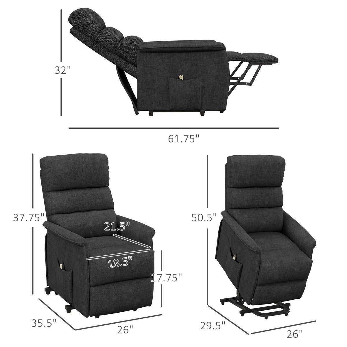 Fauteuil releveur électrique HOMCOM pour personnes âgées, montage facile, tissu releveur avec télécommande, poches latérales pour le salon