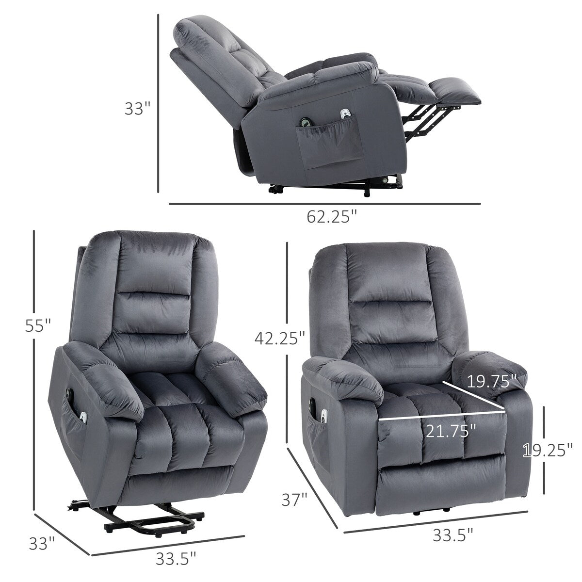 Fauteuil inclinable releveur électrique HOMCOM, fauteuil de massage ergonomique avec 4 positions et chauffage
