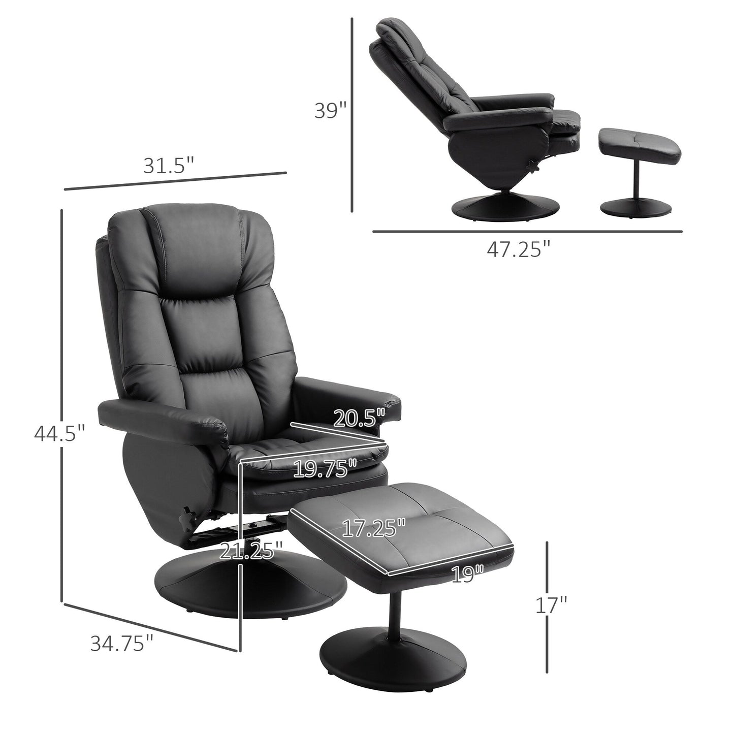 Fauteuil inclinable et ottoman HOMCOM avec base enveloppée, fauteuil inclinable pivotant en similicuir avec repose-pieds pour salon