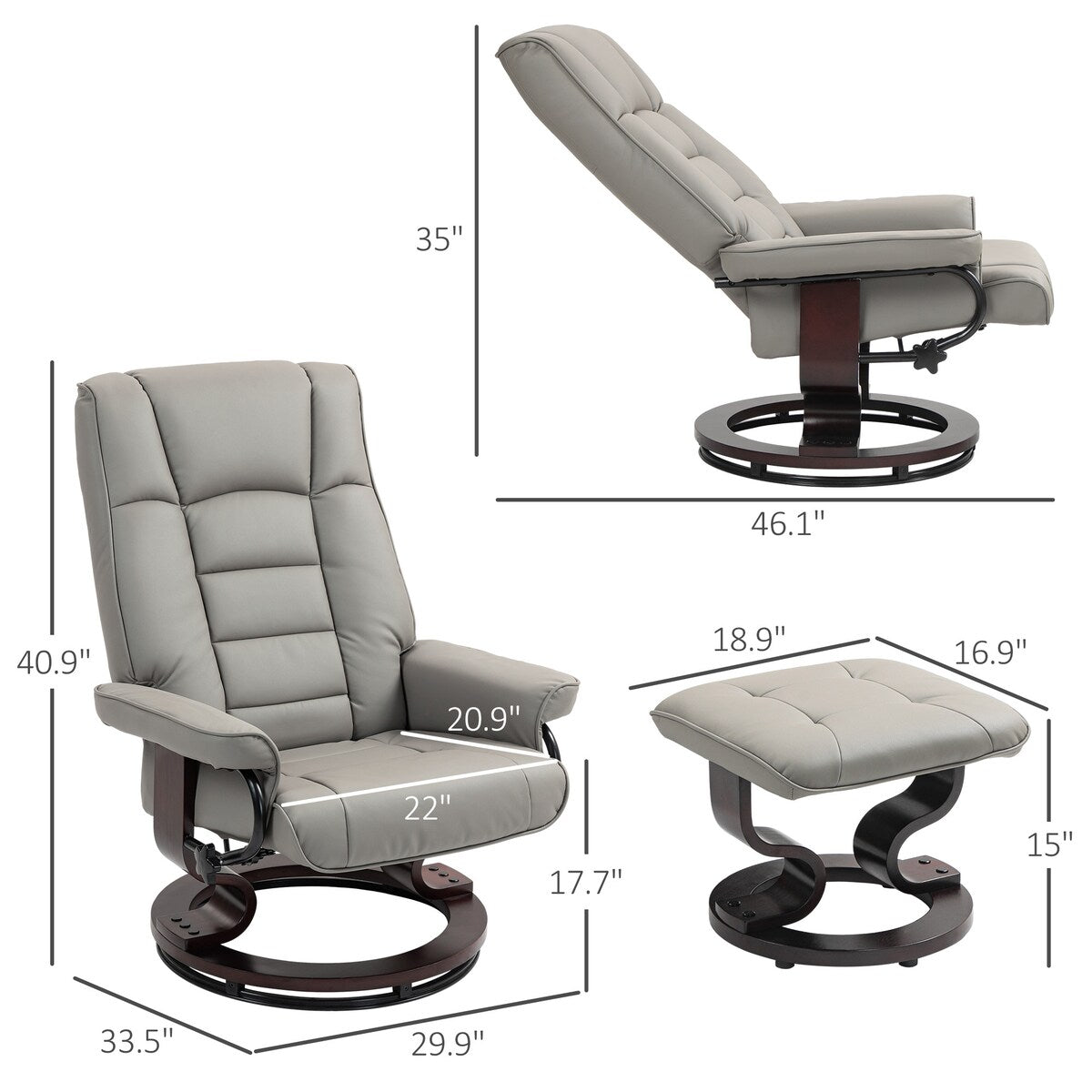 Fauteuil inclinable pivotant et ottoman HOMCOM, fauteuil inclinable en similicuir avec dossier haut