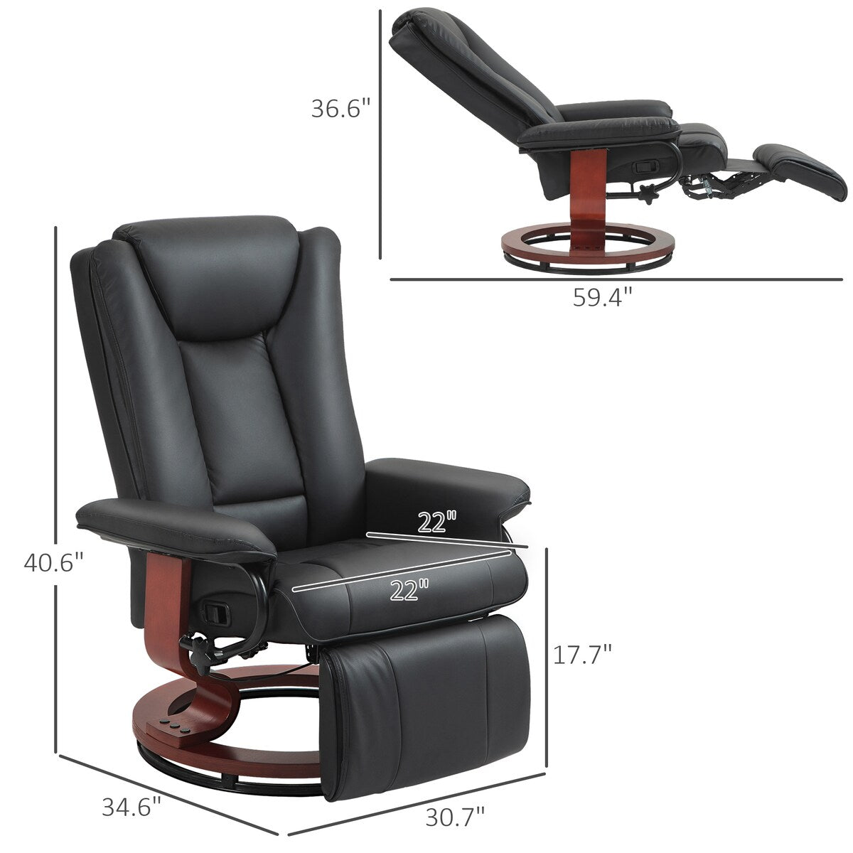 Fauteuil inclinable pivotant HOMCOM, fauteuil inclinable en cuir synthétique pour salon, canapé inclinable moderne avec repose-pieds