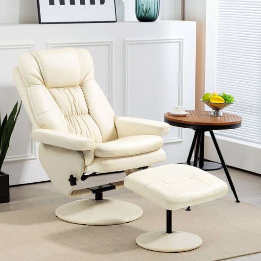 Fauteuil inclinable pivotant HOMCOM avec repose-pieds, similicuir et base enveloppée, blanc crème