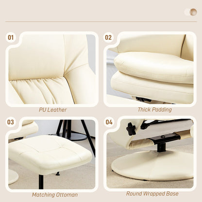 Fauteuil inclinable pivotant HOMCOM avec repose-pieds, similicuir et base enveloppée, blanc crème