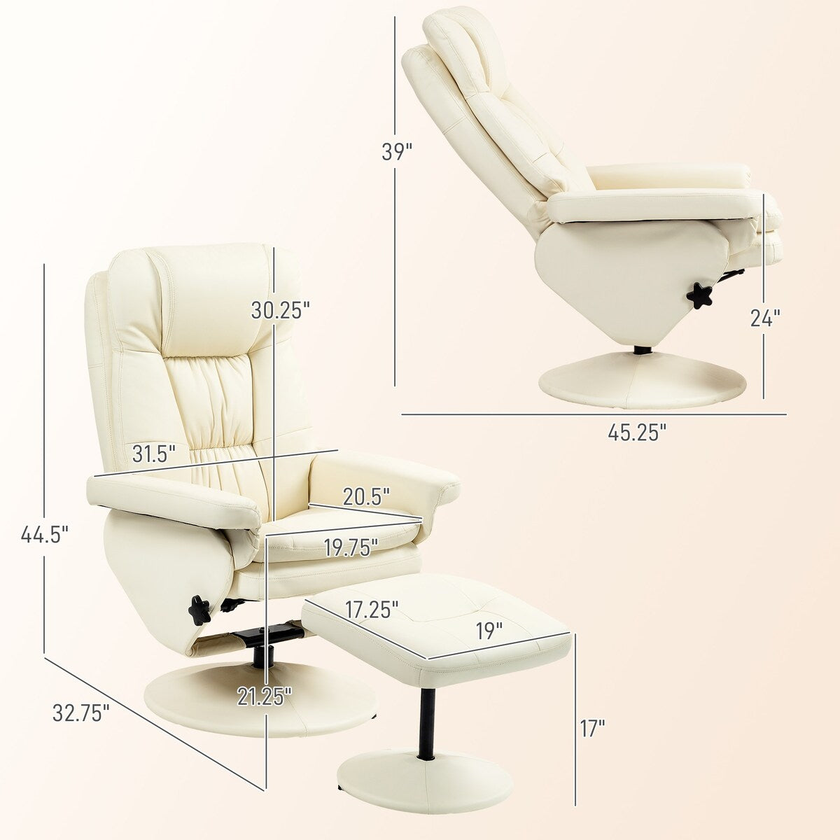 Fauteuil inclinable pivotant HOMCOM avec repose-pieds, similicuir et base enveloppée, blanc crème