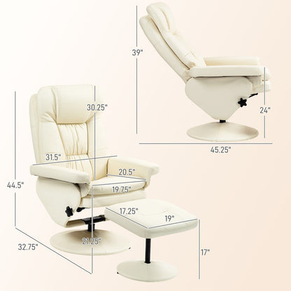 Fauteuil inclinable pivotant HOMCOM avec repose-pieds, similicuir et base enveloppée, blanc crème