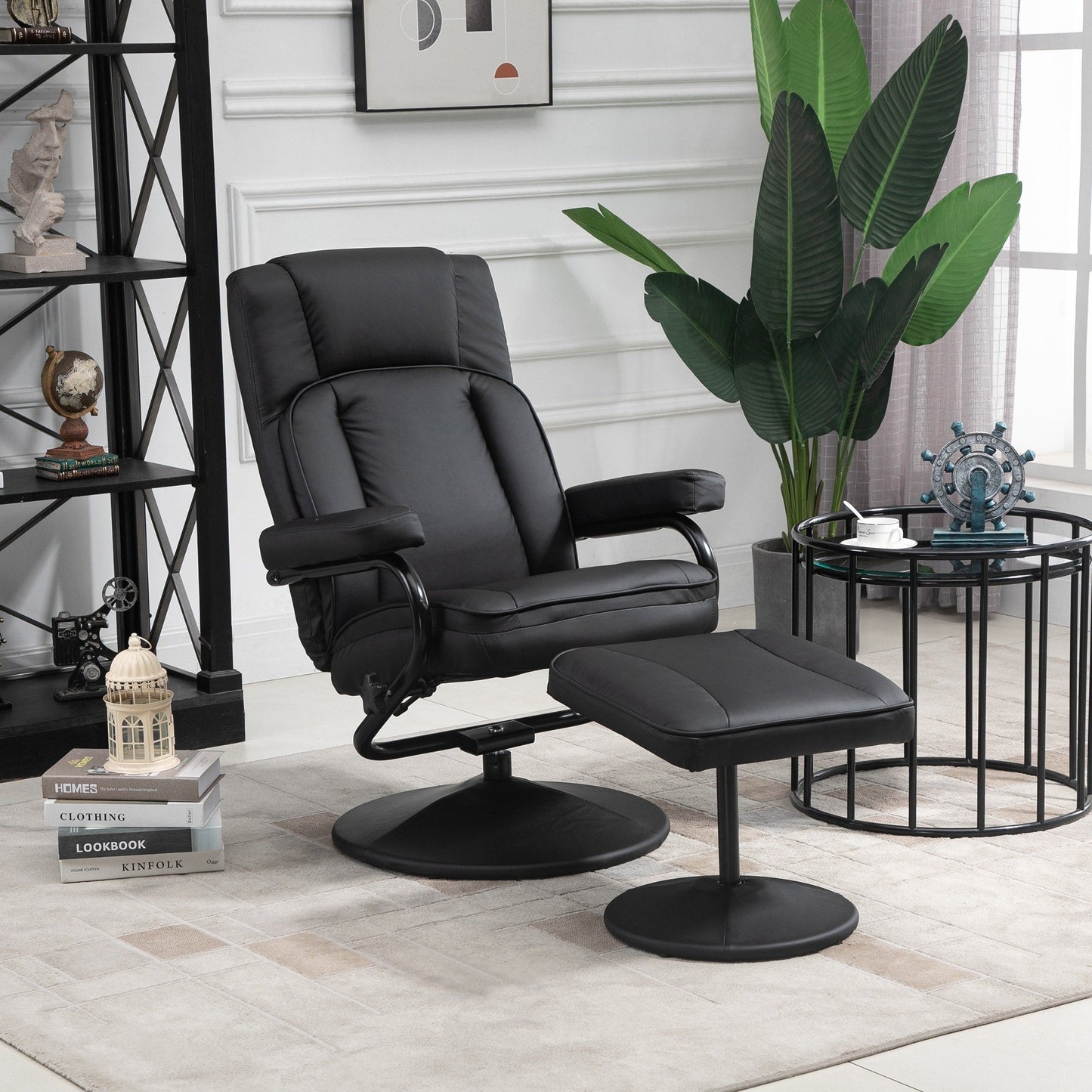 Fauteuil inclinable pivotant HOMCOM, fauteuil manuel en cuir PU avec repose-pieds ottoman pour salon, bureau, chambre