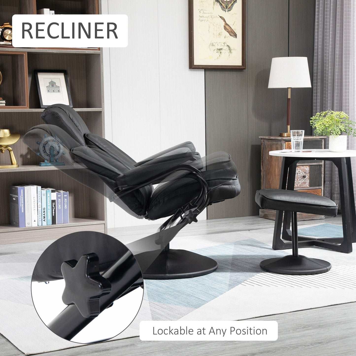 Fauteuil inclinable pivotant HOMCOM, fauteuil manuel en cuir PU avec repose-pieds ottoman pour salon, bureau, chambre