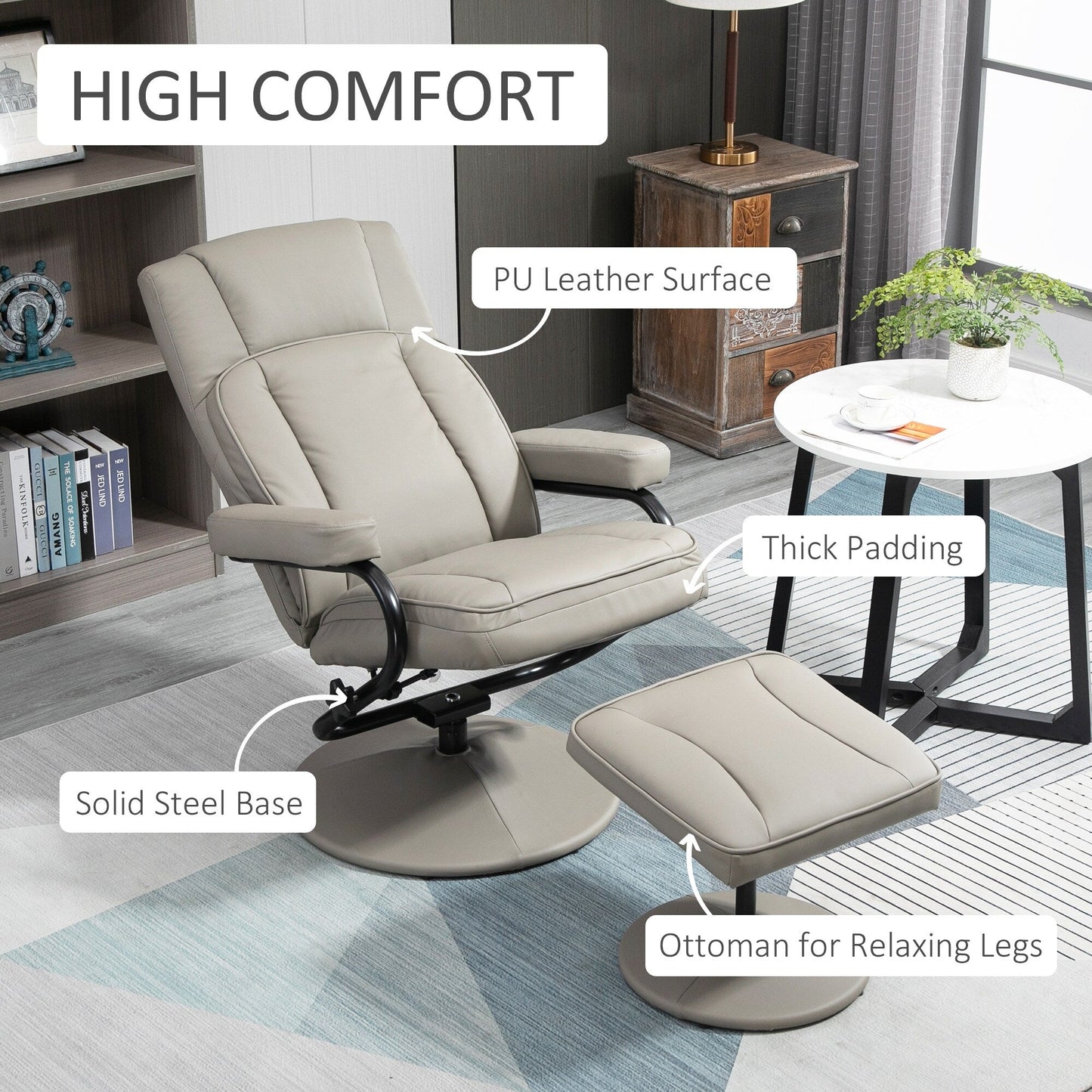 Fauteuil inclinable pivotant HOMCOM, fauteuil manuel en cuir PU avec repose-pieds ottoman pour salon, bureau, chambre