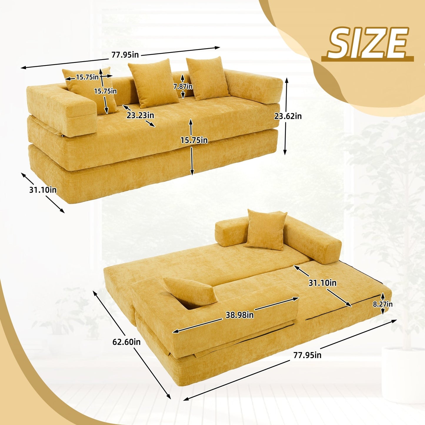 HOMEFUN Canapé-lit convertible pliable en mousse à mémoire de forme avec coussins et revêtement en chenille pour le salon