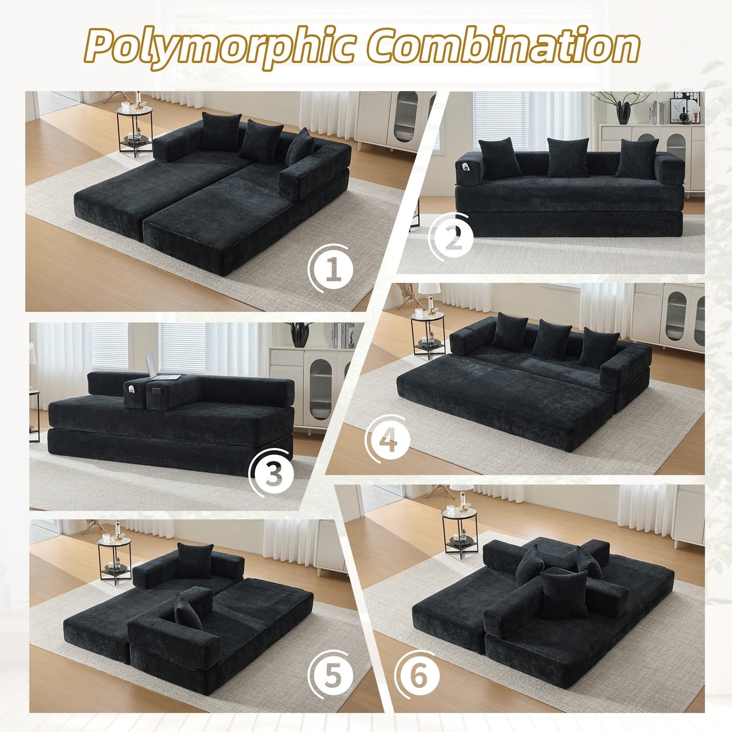 HOMEFUN Canapé-lit convertible pliable en mousse à mémoire de forme avec coussins et revêtement en chenille pour le salon