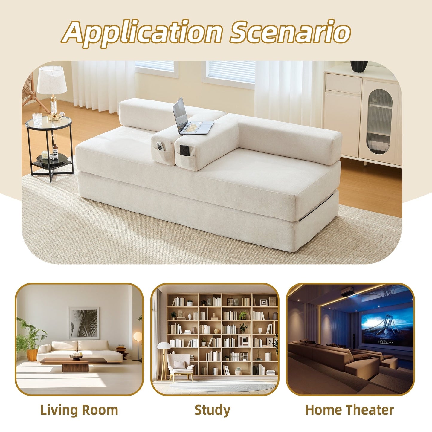 HOMEFUN Canapé-lit convertible pliable en mousse à mémoire de forme avec coussins et revêtement en chenille pour le salon