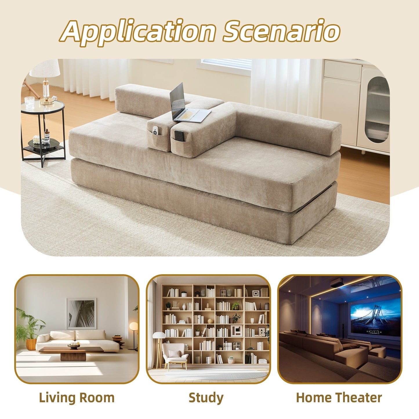 HOMEFUN Canapé-lit convertible pliable en mousse à mémoire de forme avec coussins et revêtement en chenille pour le salon