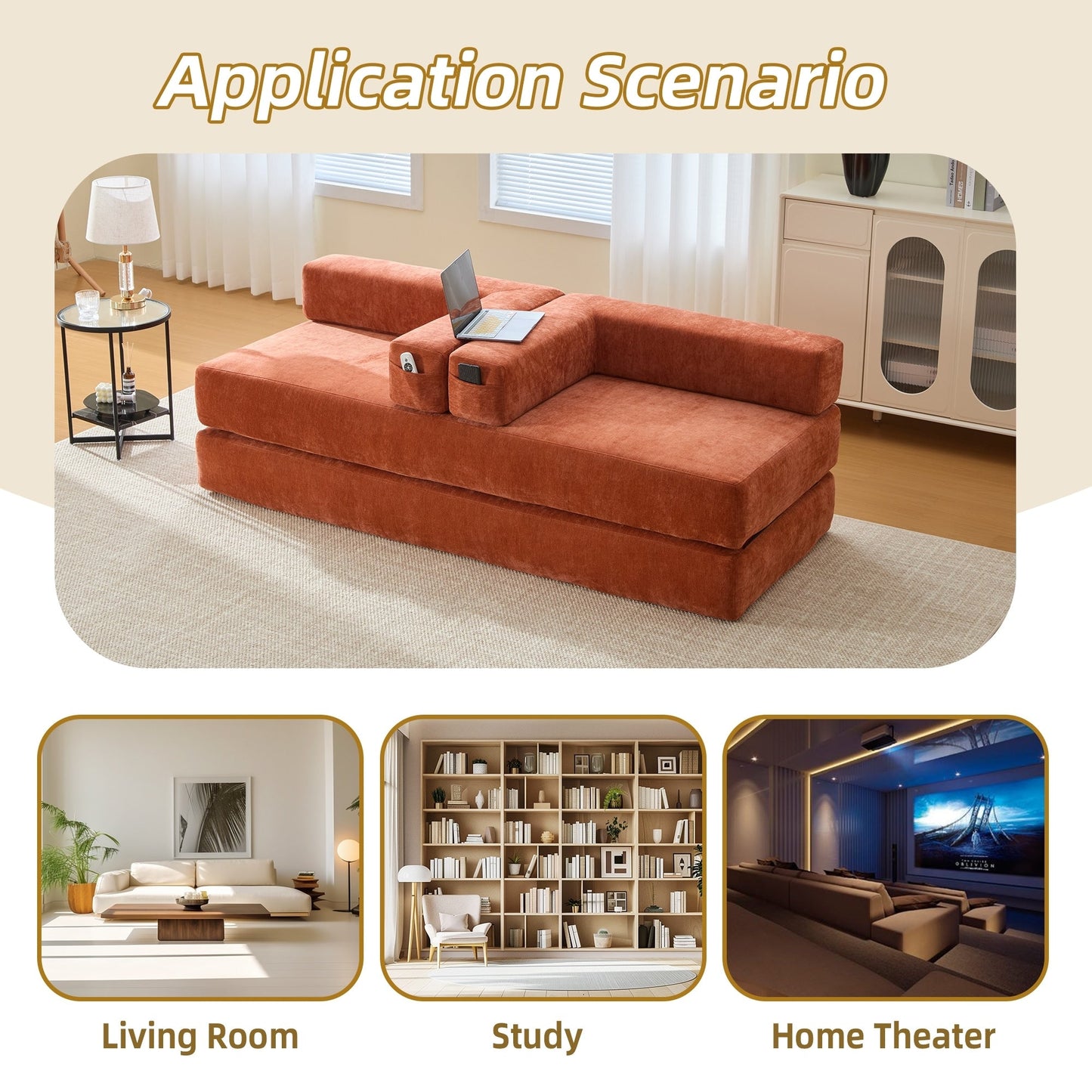 HOMEFUN Canapé-lit convertible pliable en mousse à mémoire de forme avec coussins et revêtement en chenille pour le salon