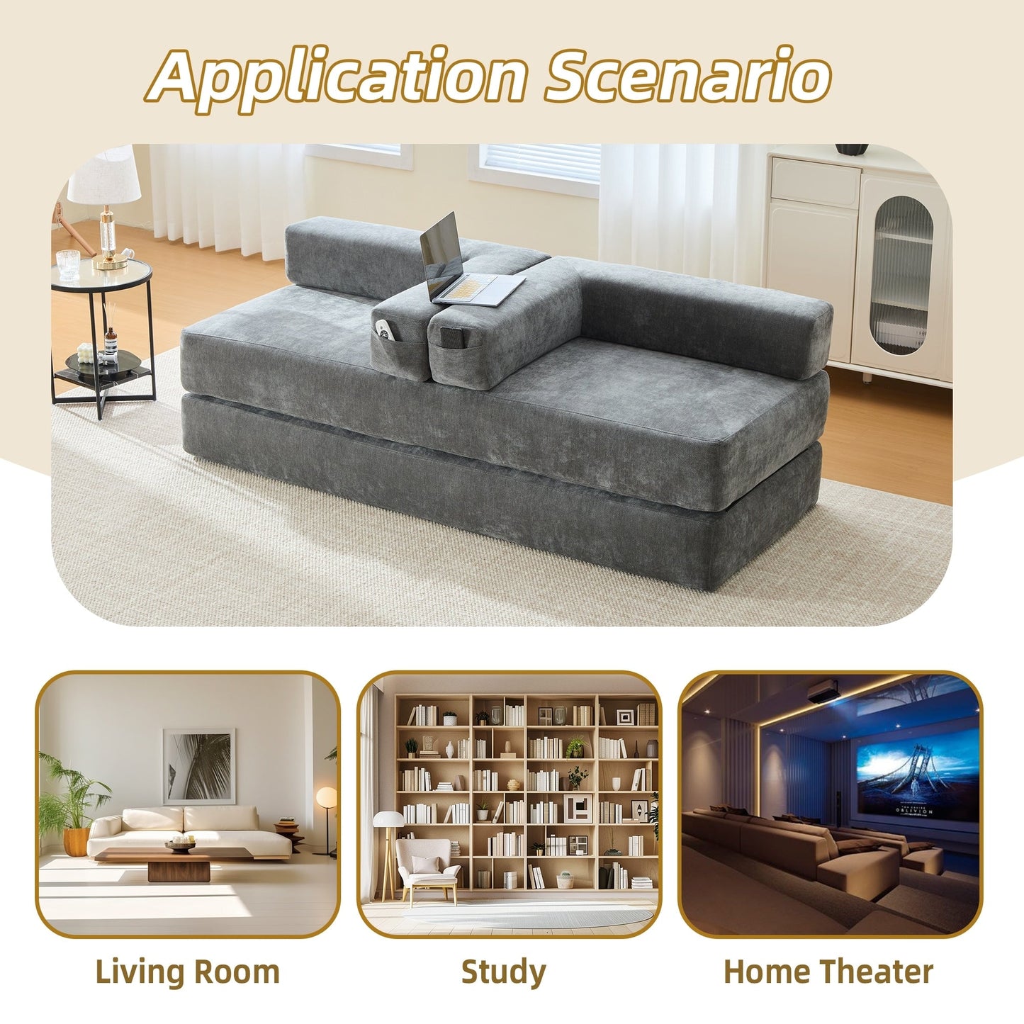 HOMEFUN Canapé-lit convertible pliable en mousse à mémoire de forme avec coussins et revêtement en chenille pour le salon