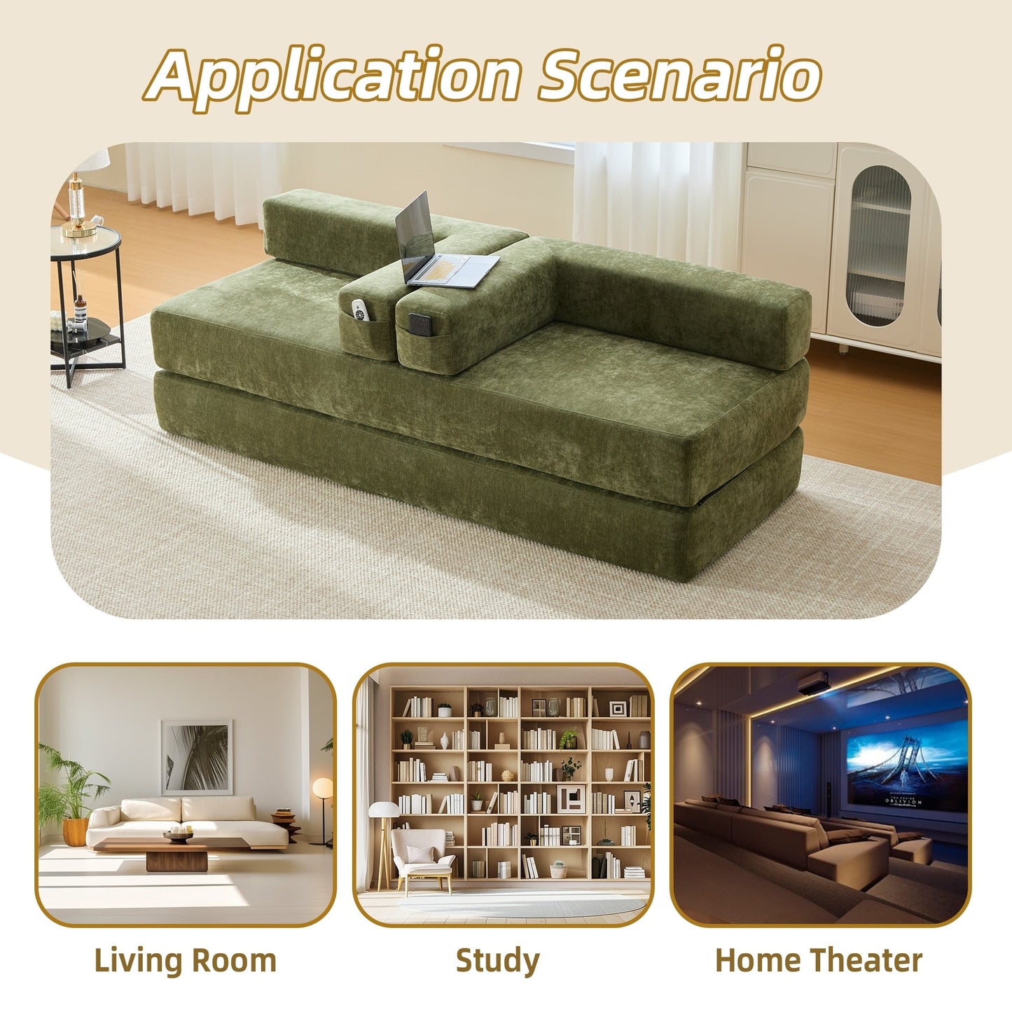 HOMEFUN Canapé-lit convertible pliable en mousse à mémoire de forme avec coussins et revêtement en chenille pour le salon