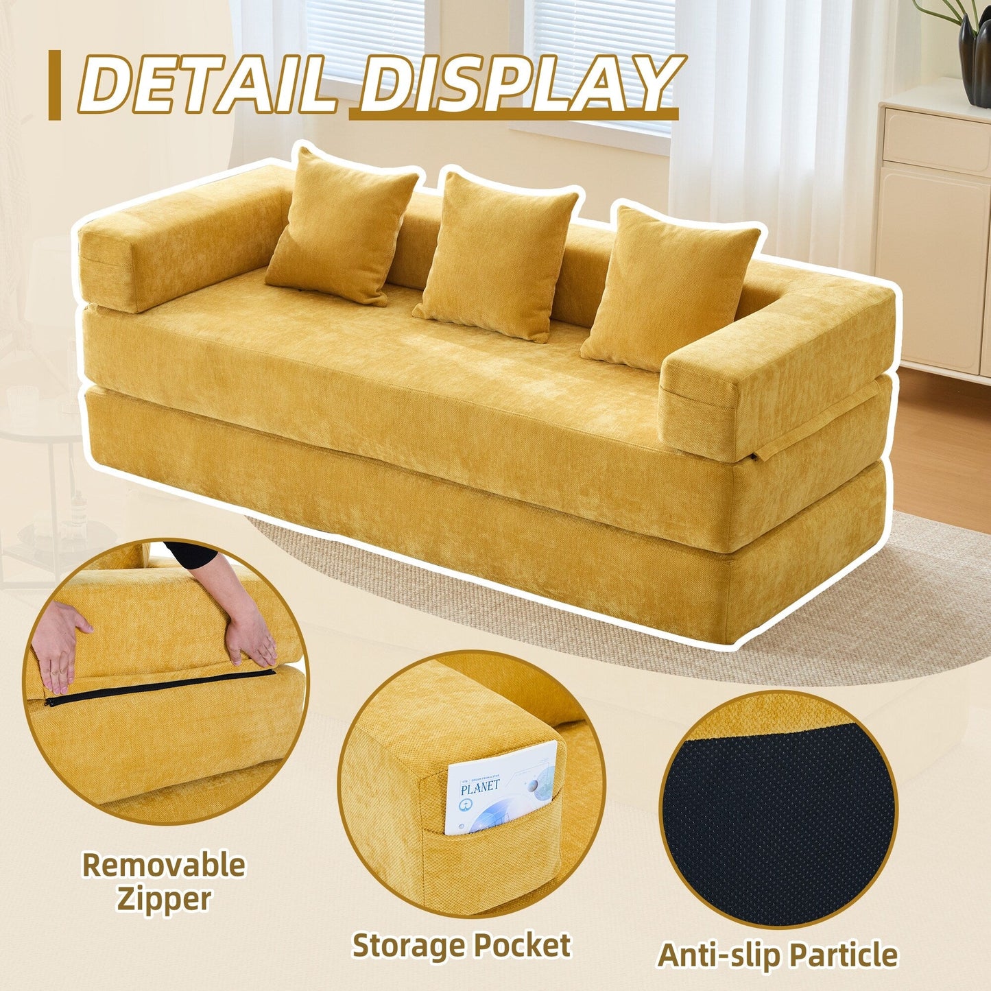 HOMEFUN Canapé-lit convertible pliable en mousse à mémoire de forme avec coussins et revêtement en chenille pour le salon