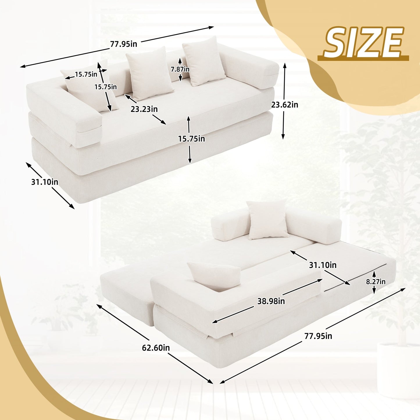 HOMEFUN Canapé-lit convertible pliable en mousse à mémoire de forme avec coussins et revêtement en chenille pour le salon