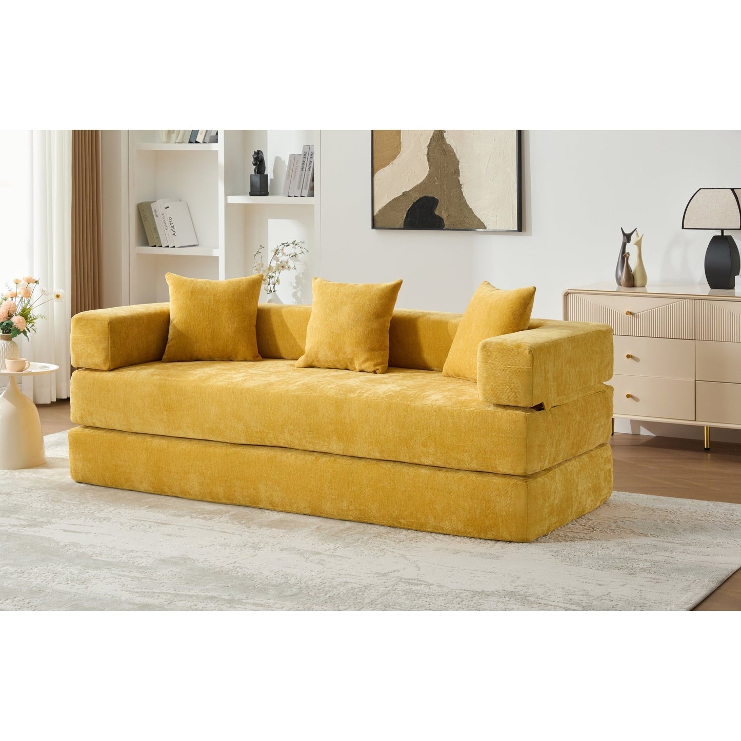 HOMEFUN Canapé-lit convertible pliable en mousse à mémoire de forme avec coussins et revêtement en chenille pour le salon