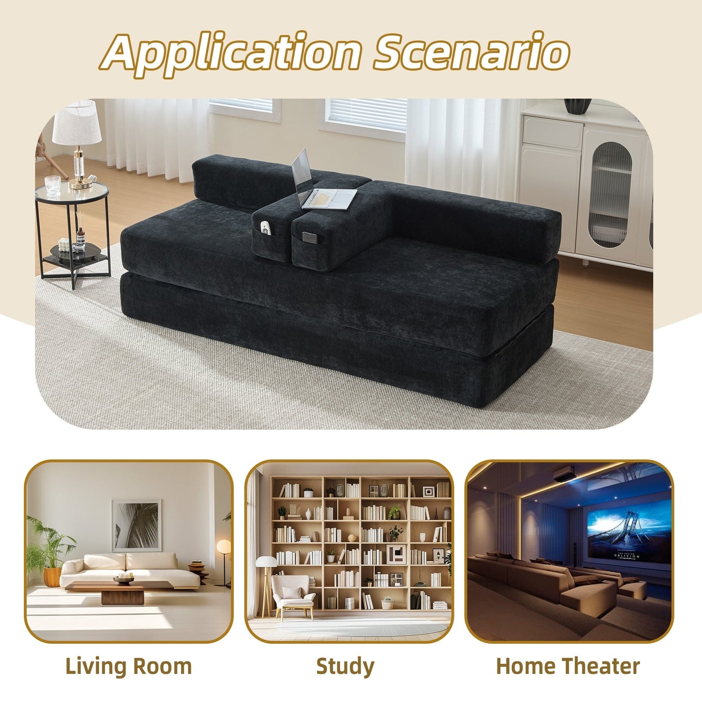 HOMEFUN Canapé-lit convertible pliable en mousse à mémoire de forme avec coussins et revêtement en chenille pour le salon