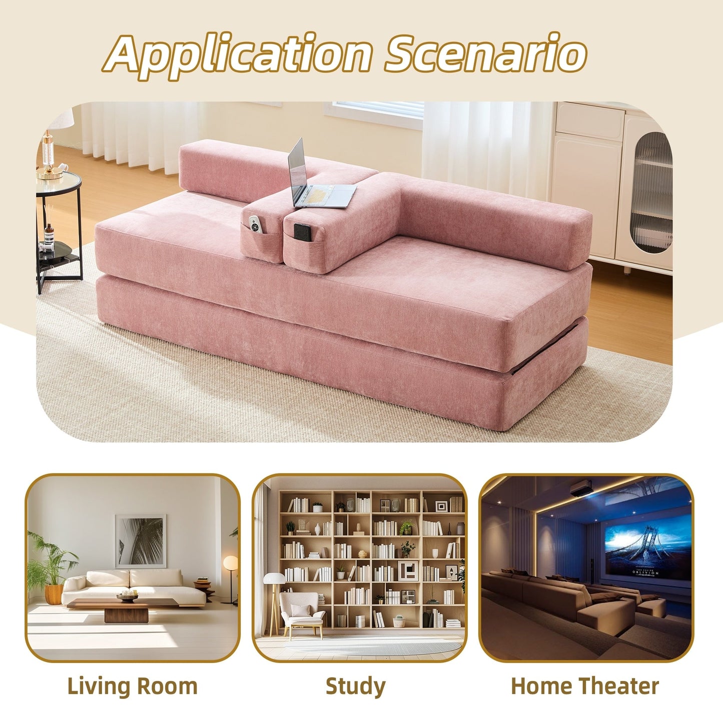 HOMEFUN Canapé-lit convertible pliable en mousse à mémoire de forme avec coussins et revêtement en chenille pour le salon