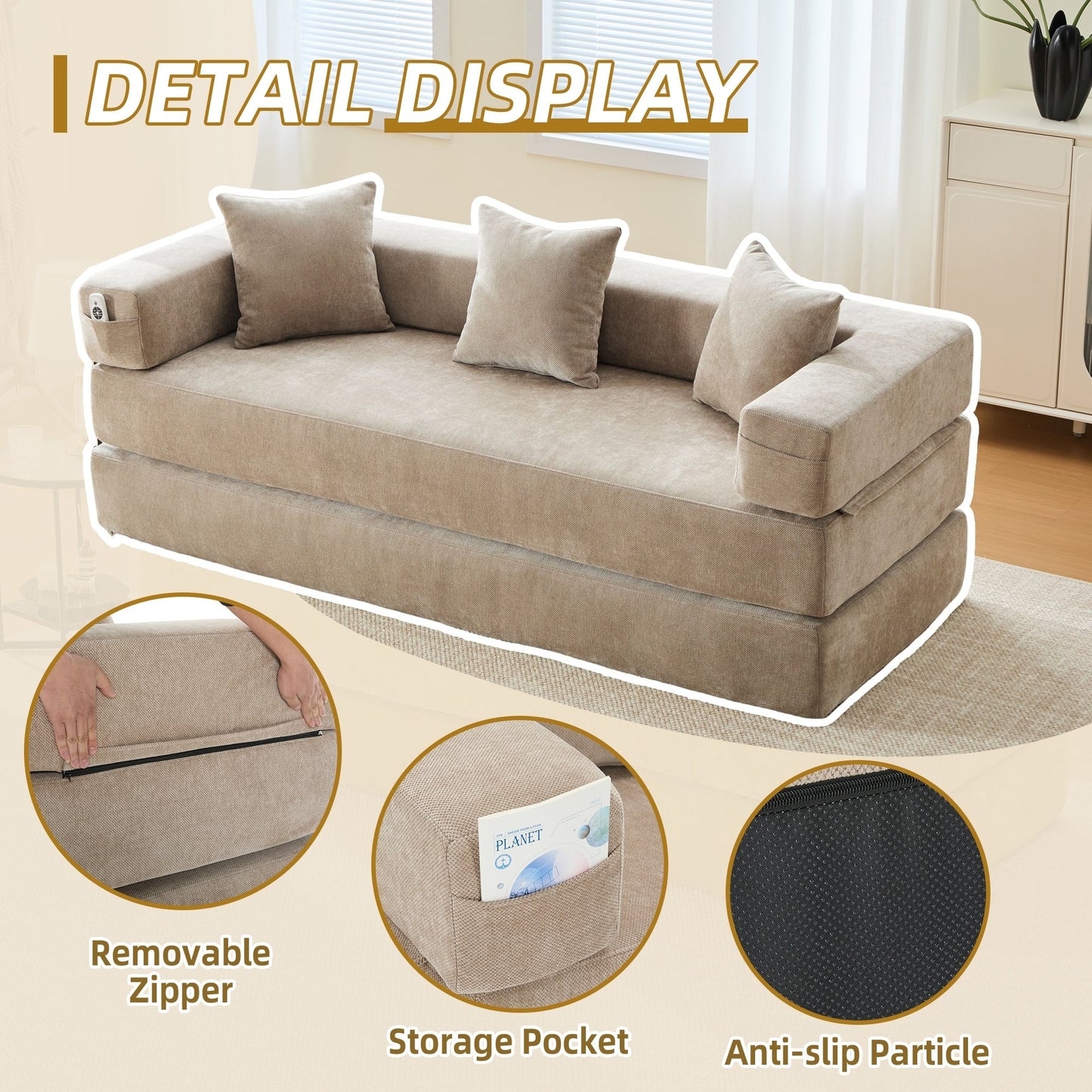 HOMEFUN Canapé-lit convertible pliable en mousse à mémoire de forme avec coussins et revêtement en chenille pour le salon