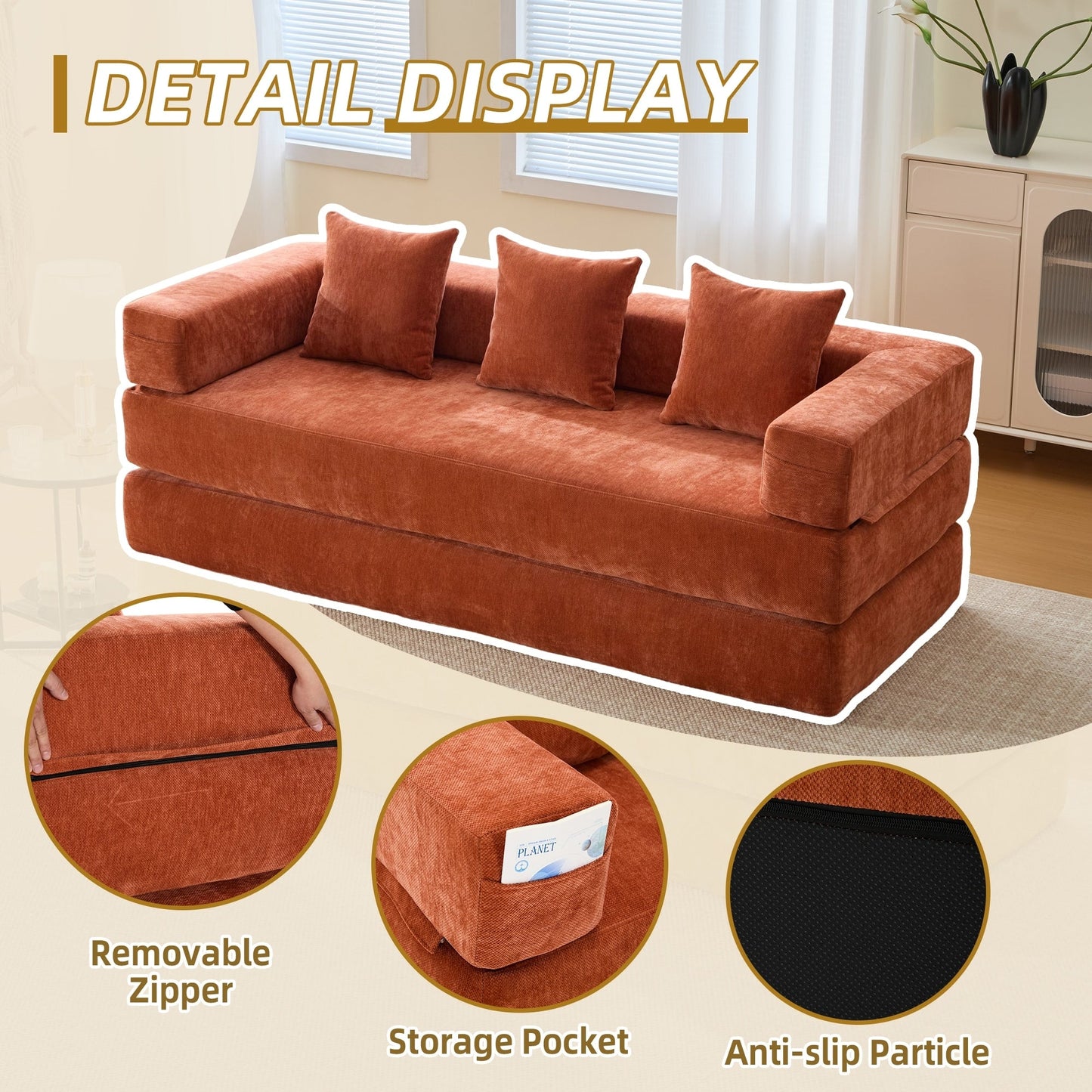 HOMEFUN Canapé-lit convertible pliable en mousse à mémoire de forme avec coussins et revêtement en chenille pour le salon