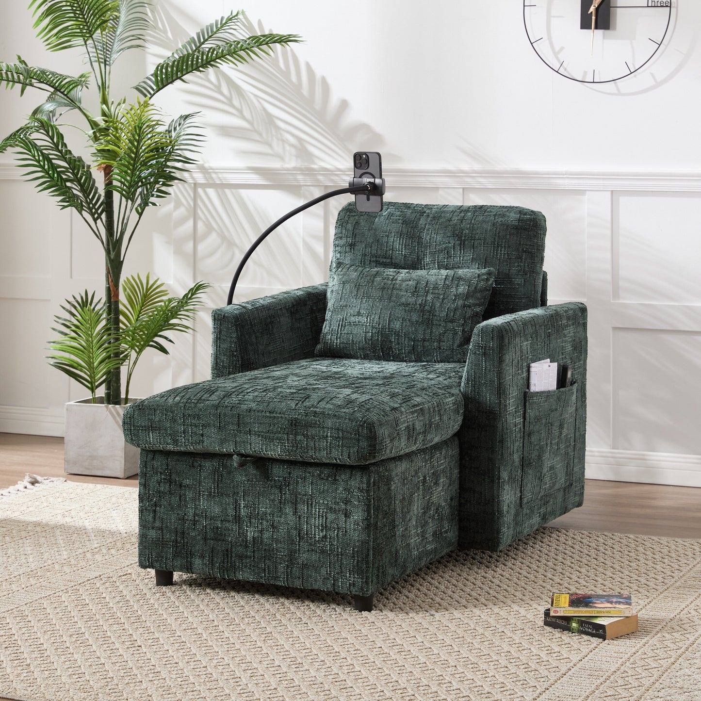 Fauteuil de loisirs simple rembourré en chenille HOMEFUN avec rangement et support pour téléphone