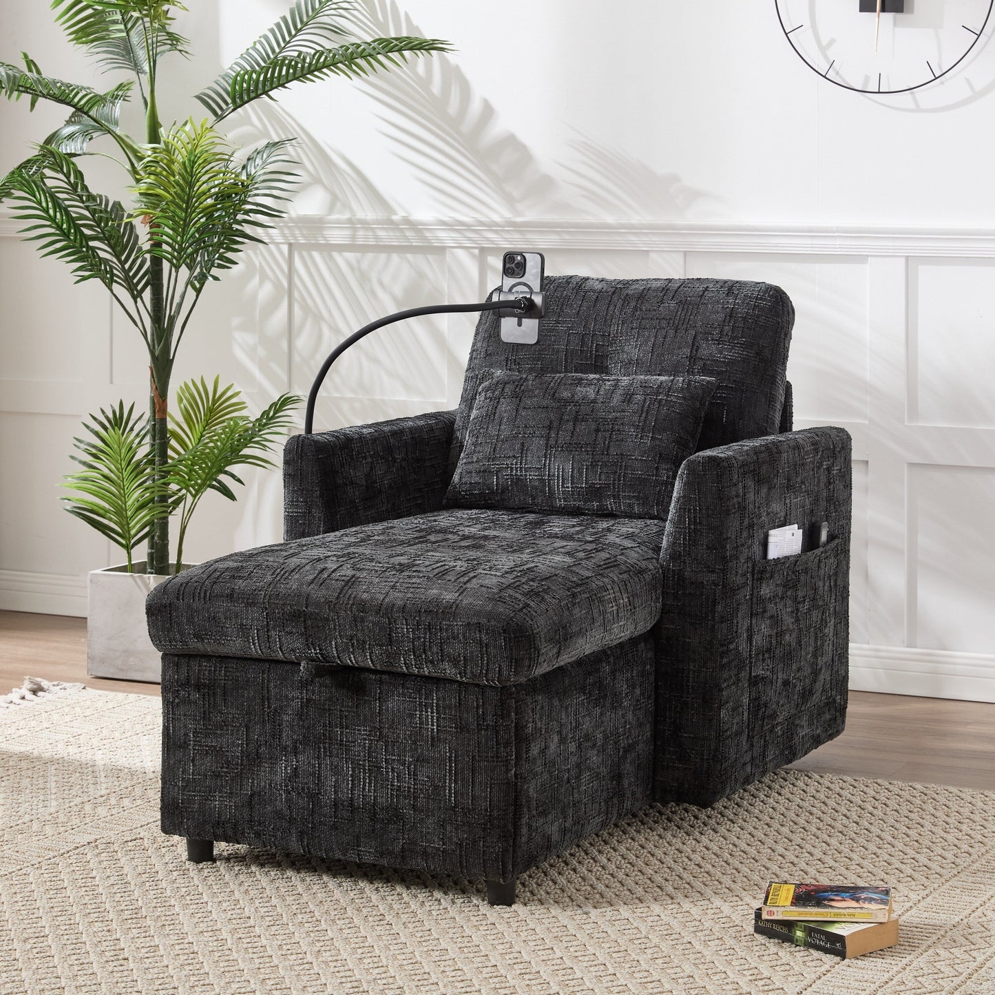 Fauteuil de loisirs simple rembourré en chenille HOMEFUN avec rangement et support pour téléphone