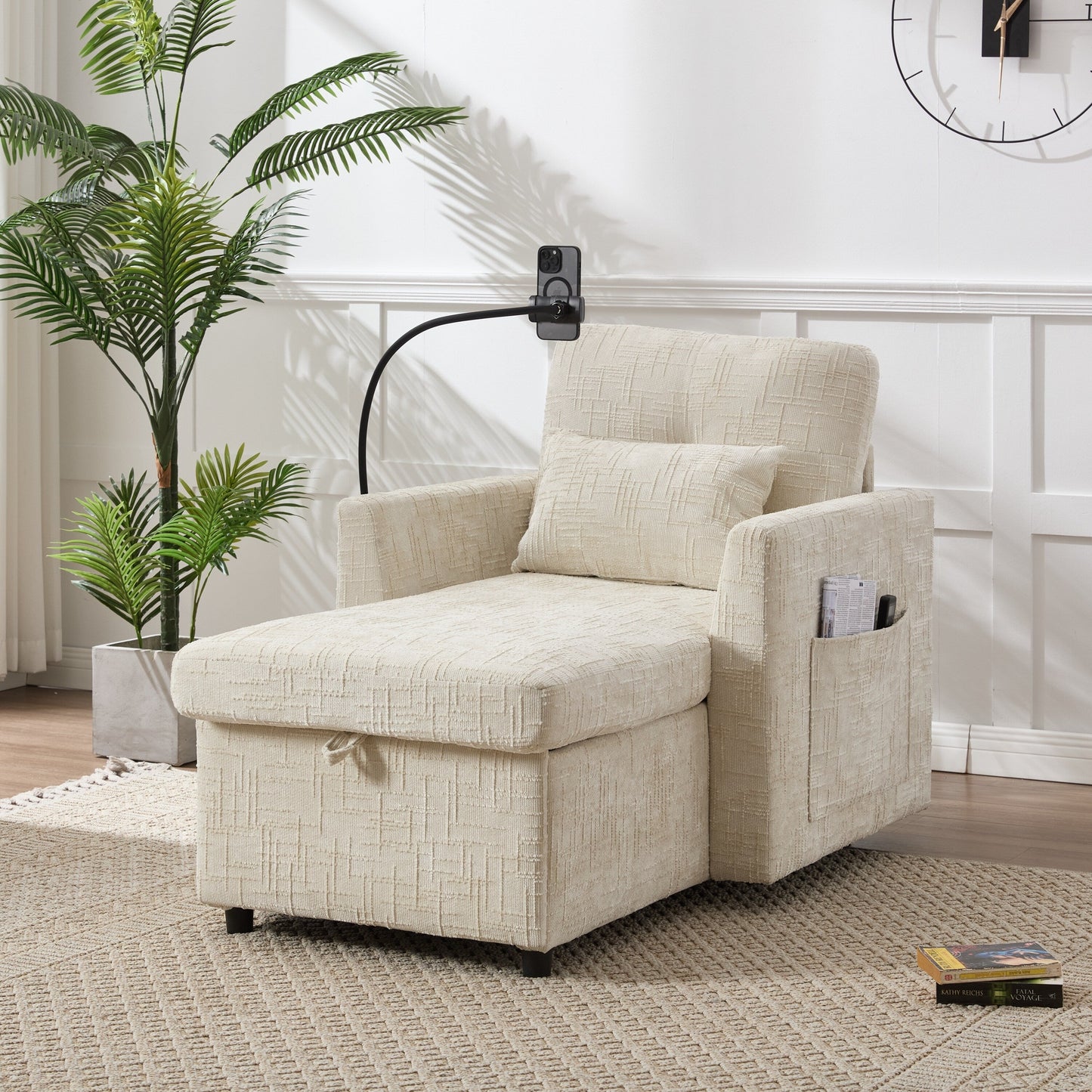 Fauteuil de loisirs simple rembourré en chenille HOMEFUN avec rangement et support pour téléphone
