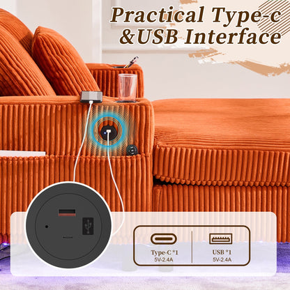 Canapé-lit inclinable surdimensionné HOMEFUN en velours côtelé avec éclairage LED RVB, porte-gobelet, port USB et 3 oreillers