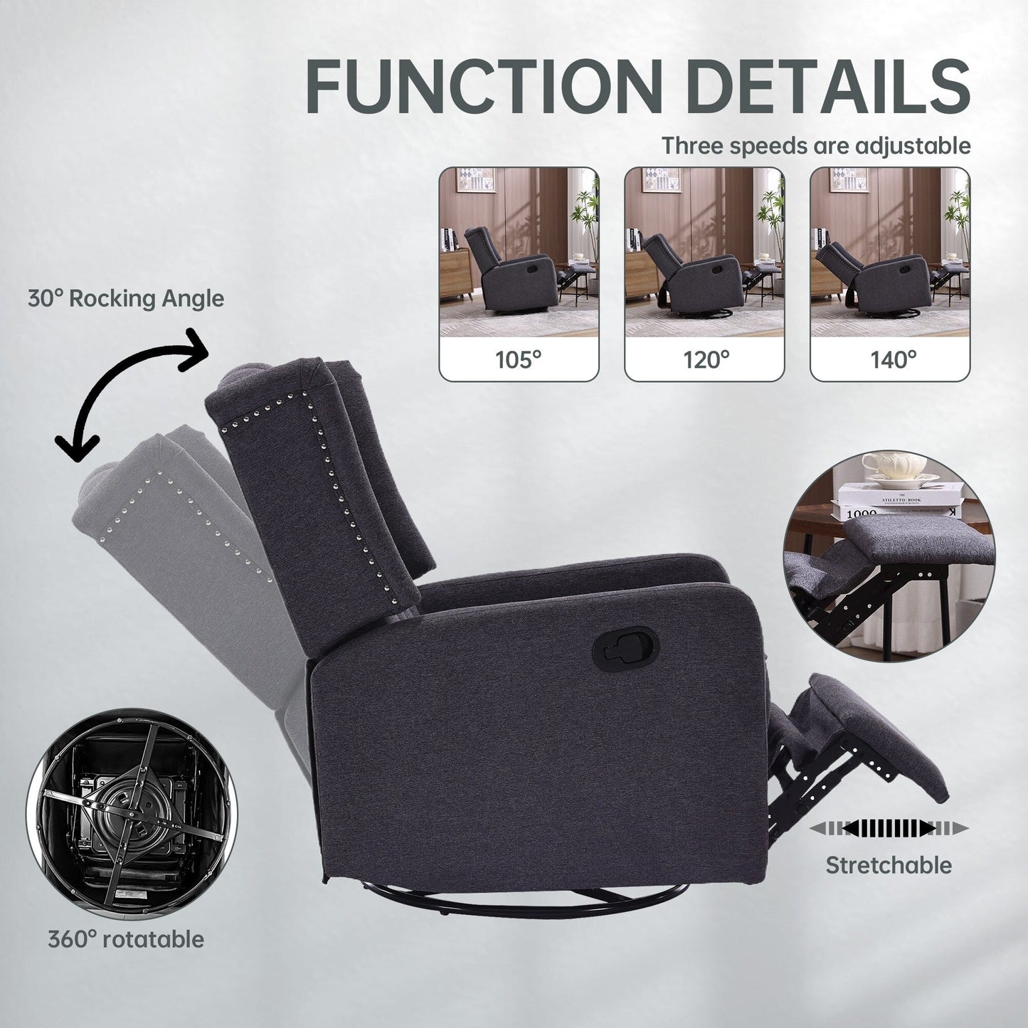 Fauteuil inclinable pivotant à 360 degrés rembourré HOMEFUN pour chambre à coucher et salon