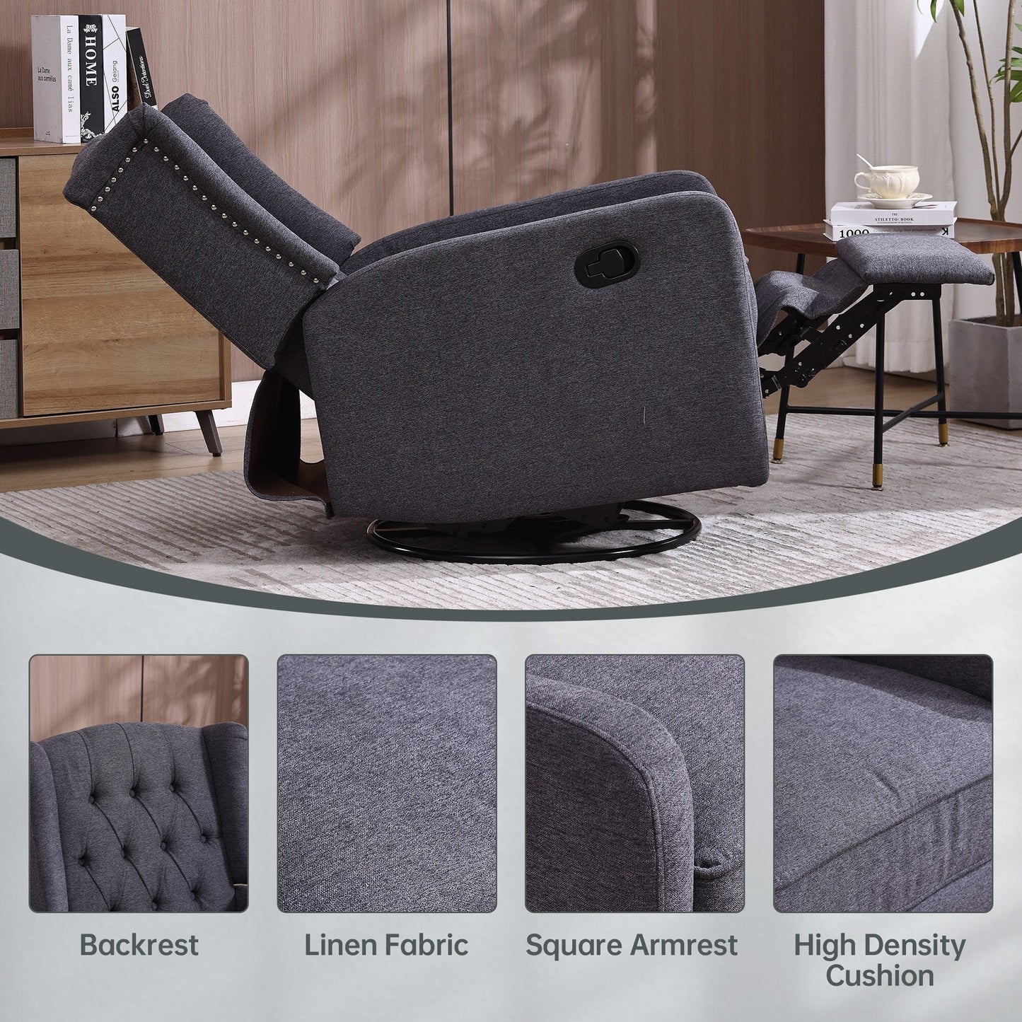 Fauteuil inclinable pivotant à 360 degrés rembourré HOMEFUN pour chambre à coucher et salon