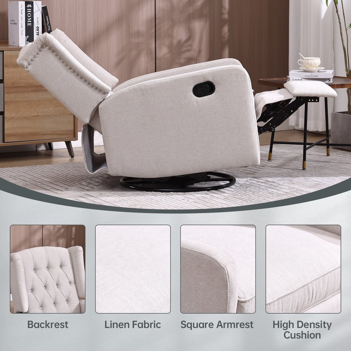 Fauteuil inclinable pivotant à 360 degrés rembourré HOMEFUN pour chambre à coucher et salon