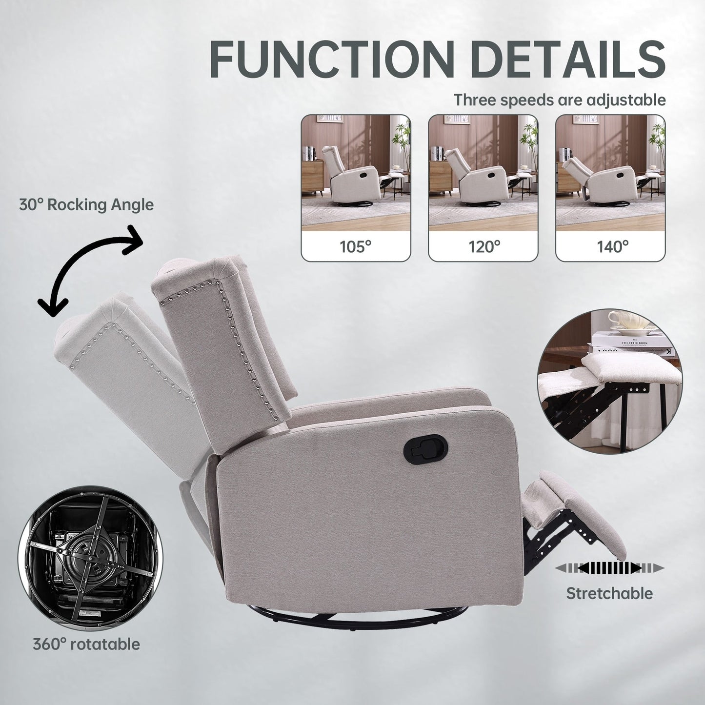 Fauteuil inclinable pivotant à 360 degrés rembourré HOMEFUN pour chambre à coucher et salon