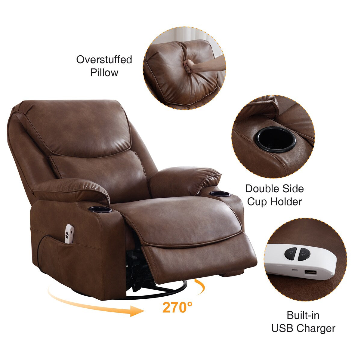 Fauteuil inclinable pivotant et électrique HOMYKA en similicuir de 87 cm de large avec port USB