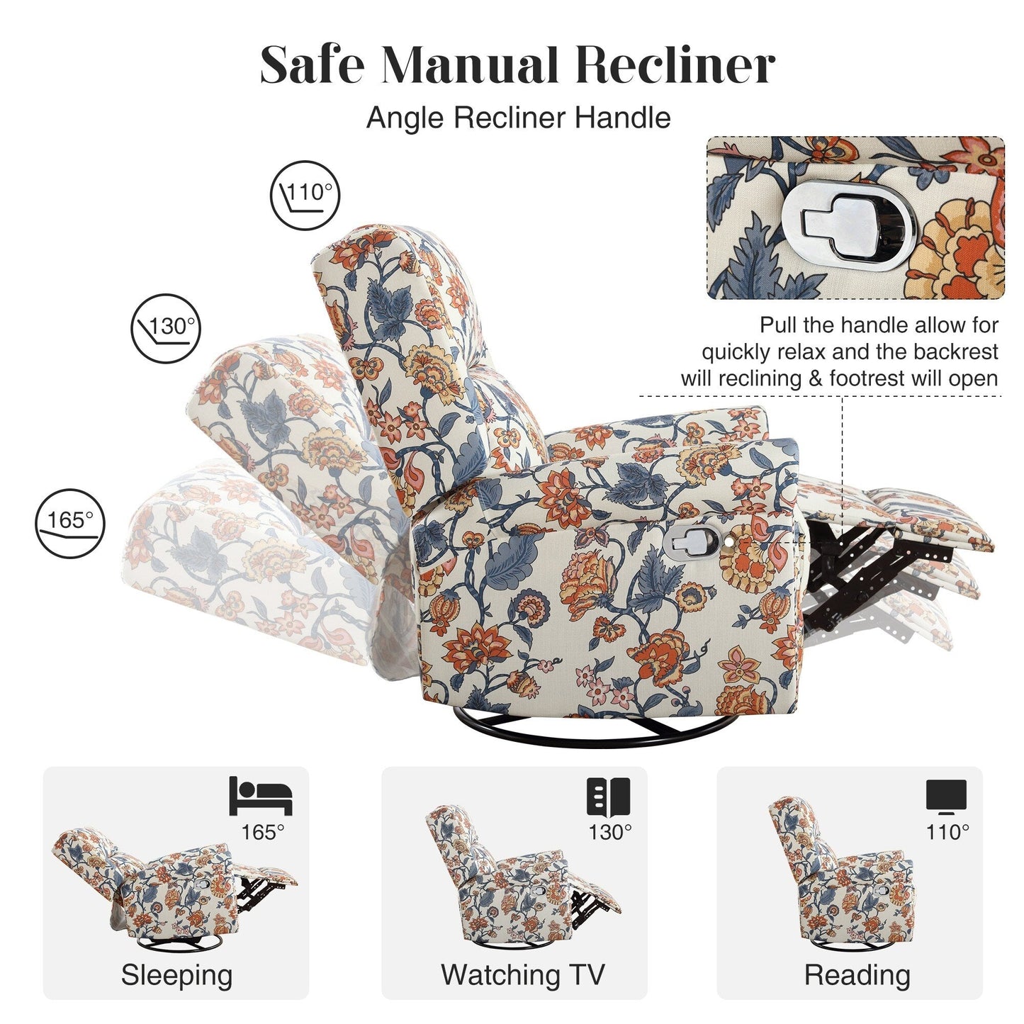 Fauteuil inclinable manuel pivotant à bascule HOMYKA Floral avec planeur rembourré