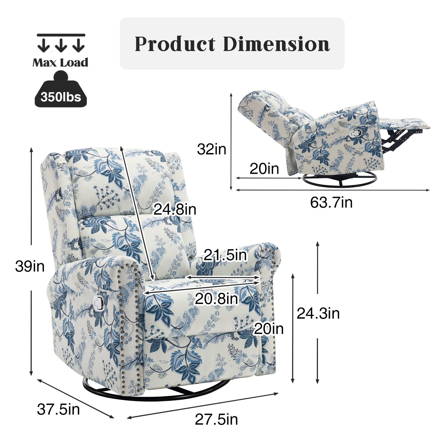 Fauteuil inclinable manuel pivotant à bascule HOMYKA Floral avec planeur rembourré