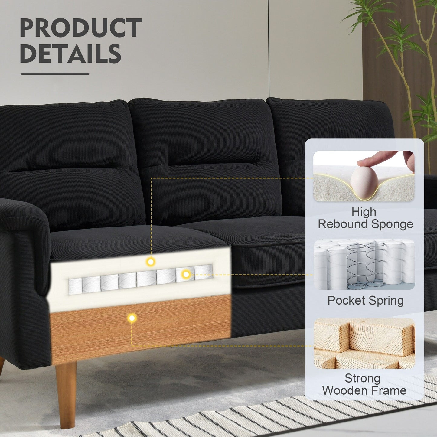 HOOOWOOO Meubles de salon 71 Canapé 3 places moderne en tissu rembourré