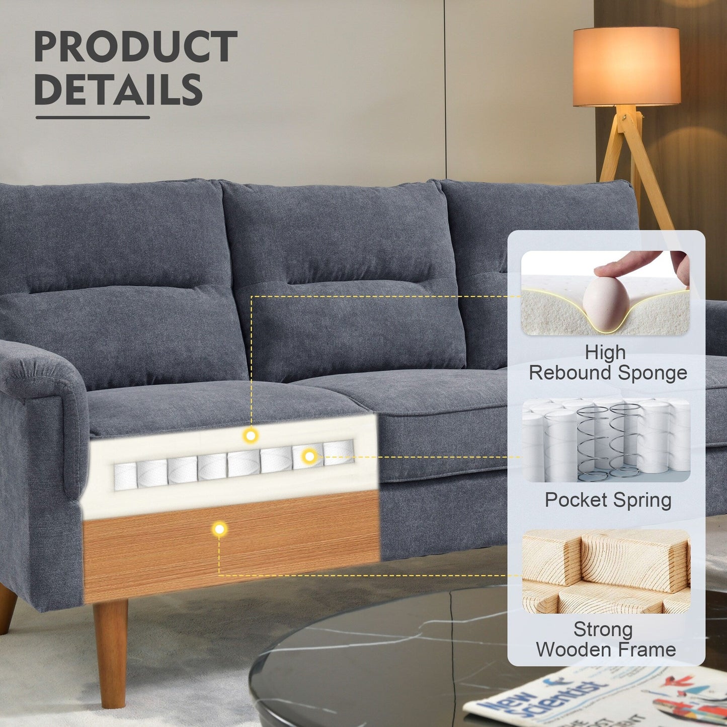 HOOOWOOO Meubles de salon 71 Canapé 3 places moderne en tissu rembourré