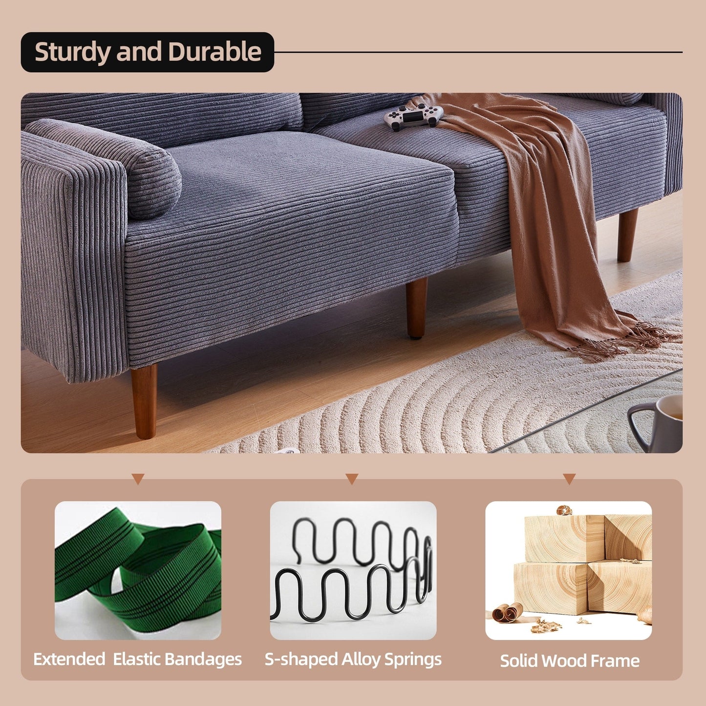 Canapé rembourré moderne du milieu du siècle HOOOWOOO avec coussins roulés