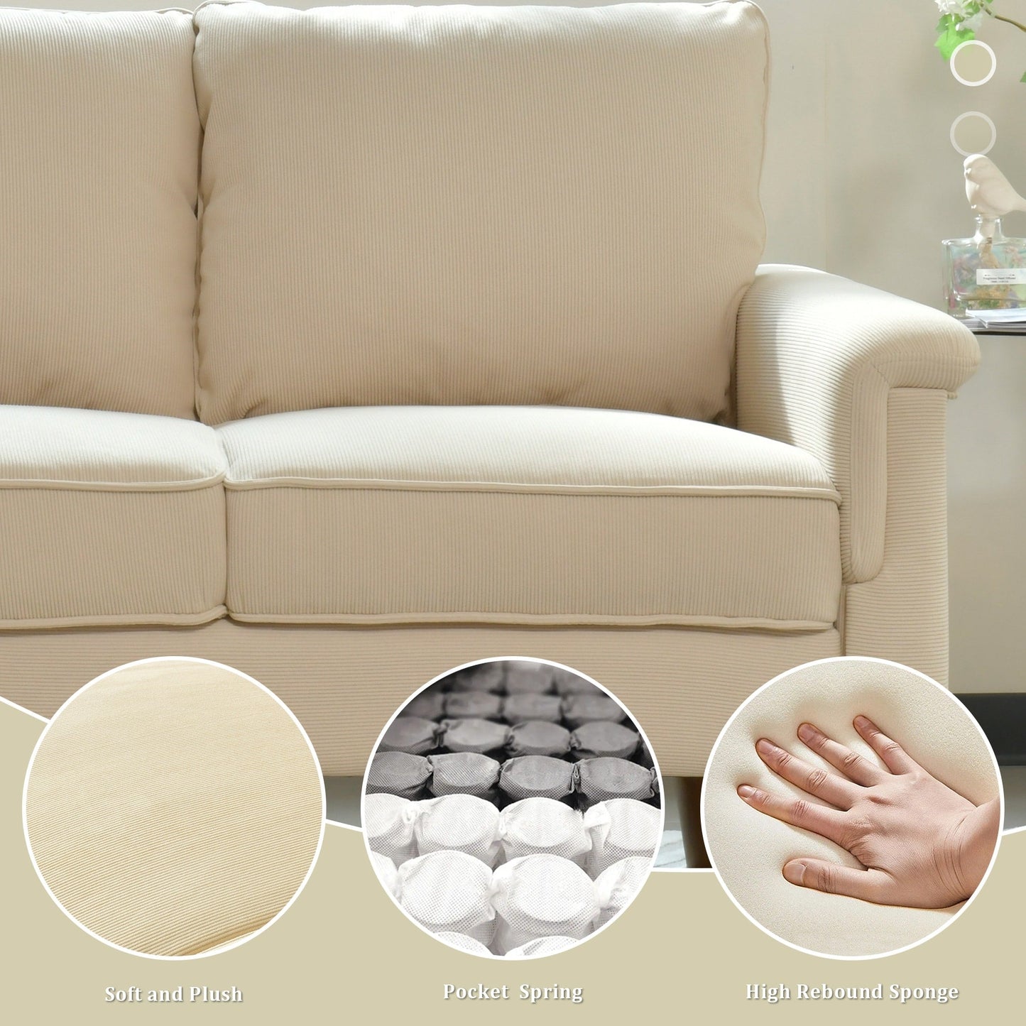 Canapé 3 places moderne en tissu polyester HOOOWOOO avec accoudoirs larges