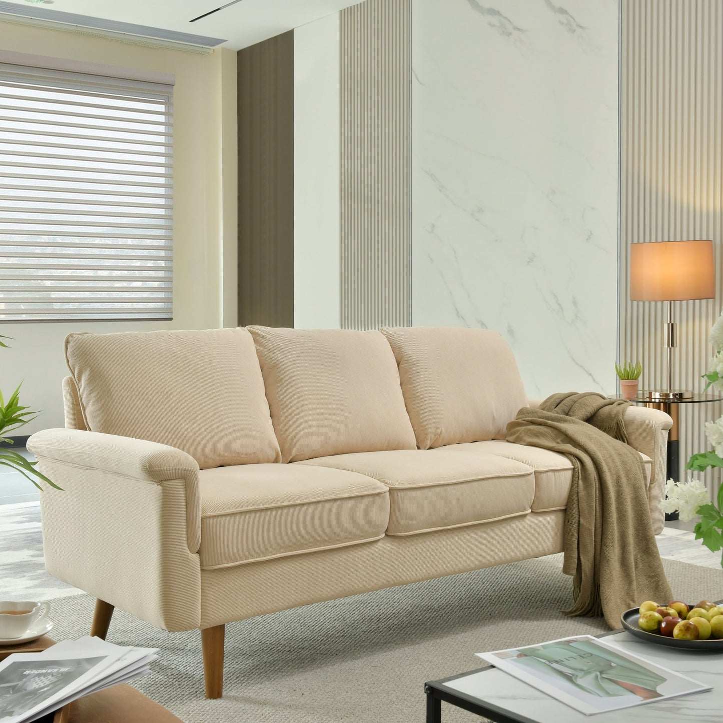 Canapé 3 places moderne en tissu polyester HOOOWOOO avec accoudoirs larges